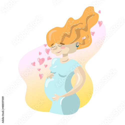 Pregnant ginger hair woman  blue dress isolated