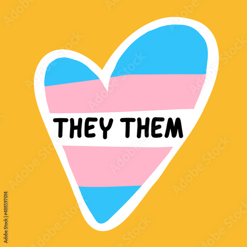 Gender Definition Pronoun: they, them on the colorful Trans flag heart. Shy Enby’s Guide for Cis Trans People. Vector illustration for banner party poster, sticker, cloth t-shirt website advertisement