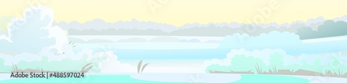 Winter rural landscape with cold white snow and drifts. Beautiful frosty view of countryside hilly plain. Flat design cartoon style. Foggy morning. Vector