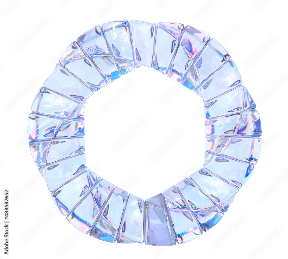 Crystal wreath or glass twisted ring with dispersion effect. Clear  iridescent circle with ribbed texture, acrylic or plexiglass composition,  empty round frame isolated on white background, 3d render Illustration  Stock