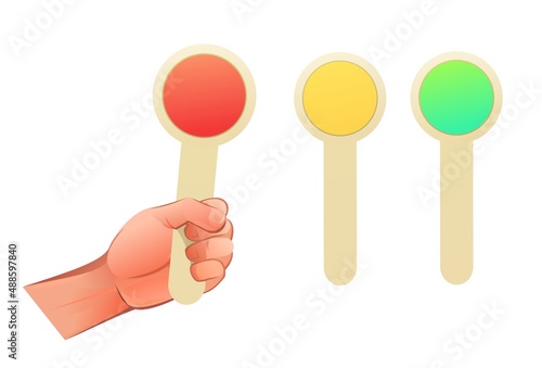 Left hand with signal flag of train conductor from railway. Object isolated on white background. Funny cartoon style. Vector