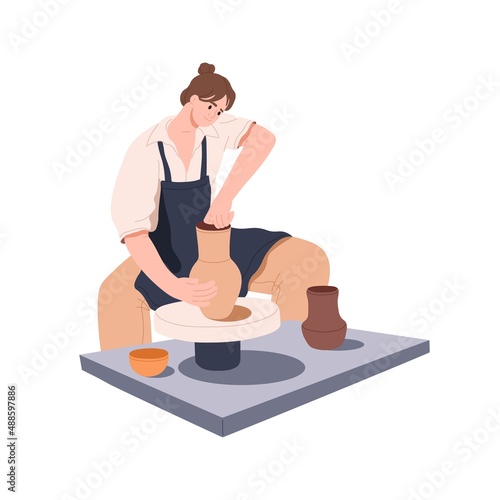 Woman potter making ceramics on pottery wheel. Artisan creating, manufacturing clay pot in workshop. Creative work with earthenware. Flat graphic vector illustration isolated on white background