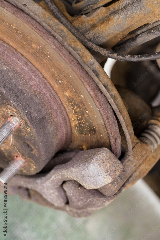 Detail of a rusty brake disc of a car.