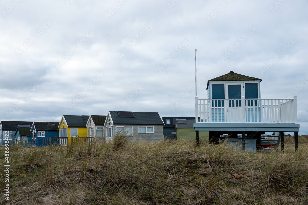 Lookout at Mudeford Spit Hengistbury Head England on a winter day