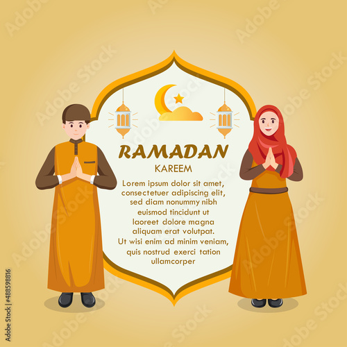 Greeting card ramadan with a couple of muslim cartoon character Vector photo