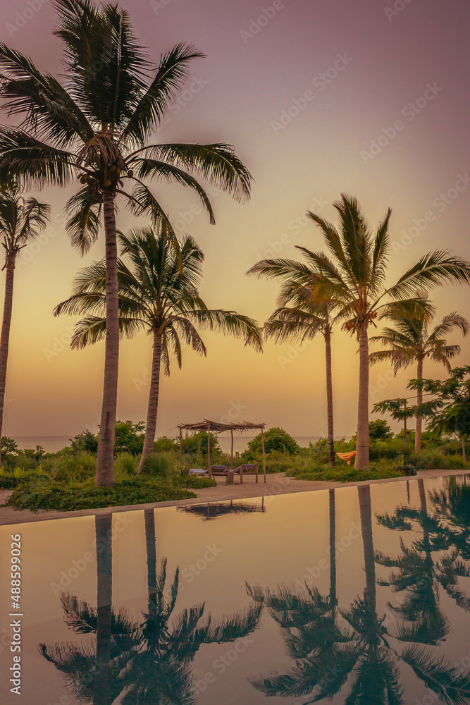ropical resort with pool at sunset. Pool and palm trees silhouettes in evening dusk. Twilight in tranquil paradise. Scenic exotic landscape. Luxury resort in dusk. Summer travel.