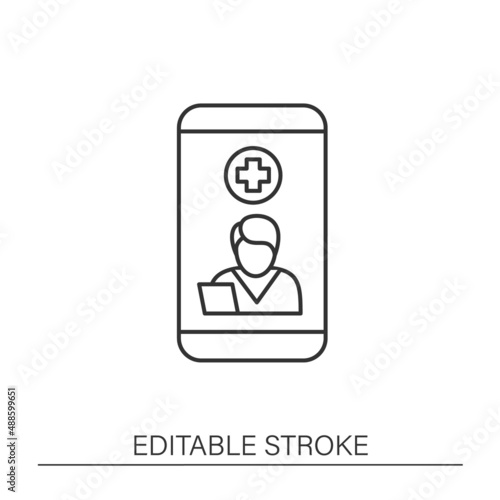  Smartphone application line icon. Telemedicine, health care. Virtual doctor consultation. Online medical examinations.Telehealth concept. Isolated vector illustration. Editable stroke