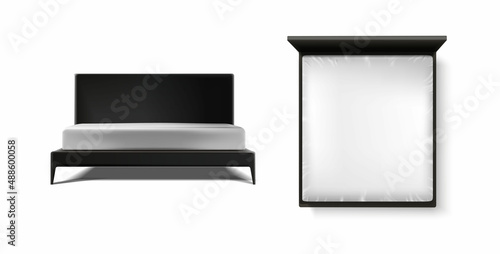 3d realistic vector icon set. Black wooden bed frame with mattress in top and front view.
