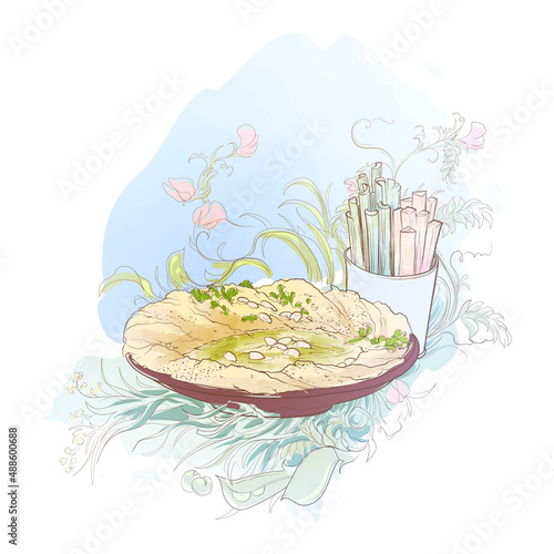 Hummus with carrot and celery slabs on a plate among chickpea leaves. Painted sketch. Vector illustration