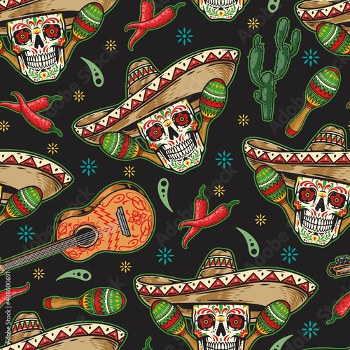 Skull in sombrero seamless pattern