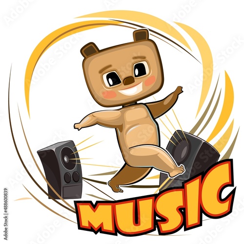 Cute Teddy Bear dancing. Cartoon style. Loud music from speakers. Dance of a funny animal child. Illustration for children. Isolated over white background. Vector