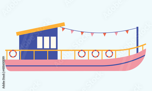 Schilderij op canvas Illustration vectorielle d'une péniche colorée au style minimaliste, flat design, avec des fanions, dans l'esprit guinguette