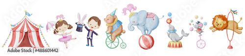 Cute circus cartoon vector illustration set. Watercolor illustrations on a posters and banners for a circus shows, gymnast, magician, animal lions, elephant, juggling mouse, sea lion, and circus tent. photo