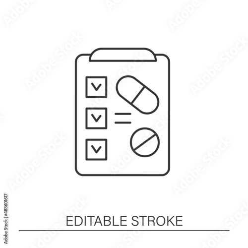  Treatment line icon. Drug testing. Diagnosis. Receipt for pills.Against drug concept. Isolated vector illustration. Editable stroke