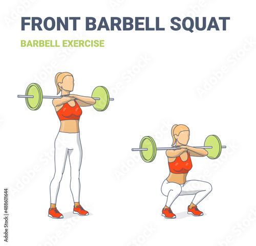 Girl doing Front Barbell Squat Exercise. Woman Squats with Rod Workout Guidance.