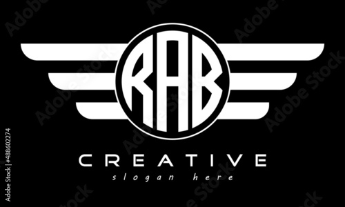 RAB three letter monogram type circle letter logo with wings vector template.