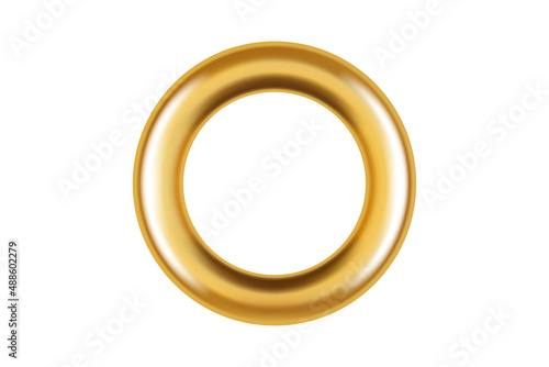 Isolated realistic metal gold grommet ring for paper, card, tag, sticker or hanger. Banner steel or chrome circle eyelet on white background. Vector illustration photo