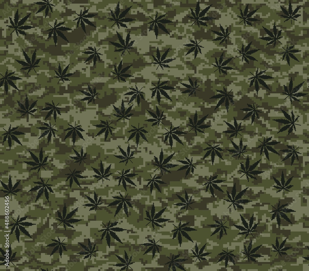 
Abstract camo with cannabis leaves vector khaki texture, trendy print. - obrazy, fototapety, plakaty 