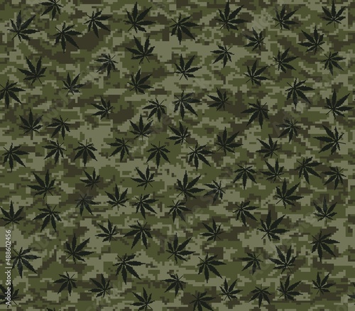 
Abstract camo with cannabis leaves vector khaki texture, trendy print.