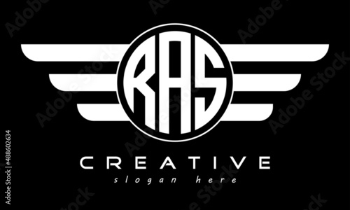 RAS three letter monogram type circle letter logo with wings vector template.