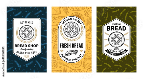 Bread labels in modern style. Bread logo and packaging design templates for baked goods, bakery branding and identity. Vector bakery illustrations and patterns