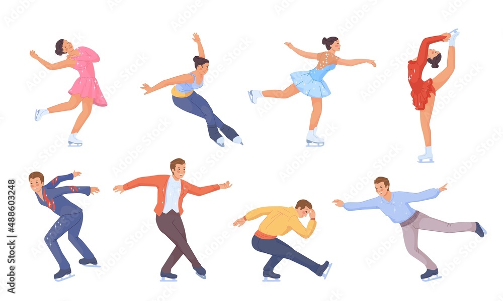 Figure skating poses. Ice skate olympic sport, woman skater silhouette on winter rink, wellness artistic performer, athlete snow sport, cartoon isolated swanky vector illustration