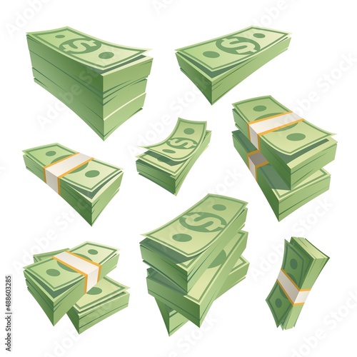 Cartoon stack banknotes. Stacks cash green money, dollar bills, stacking dollar banknote, pile cashs paper currency, heap 100 payment note pack, isolated recent vector illustration photo