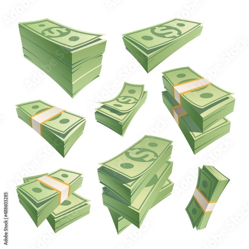 Cartoon stack banknotes. Stacks cash green money, dollar bills, stacking dollar banknote, pile cashs paper currency, heap 100 payment note pack, isolated recent vector illustration