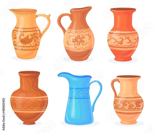 Cartoon rustic pottery. Clay jars bowl dish pot old art jug, isolated ceramic ewer earthen ceramics pots, craft pitcher for milk, earthenware utensil, flat neat vector illustration