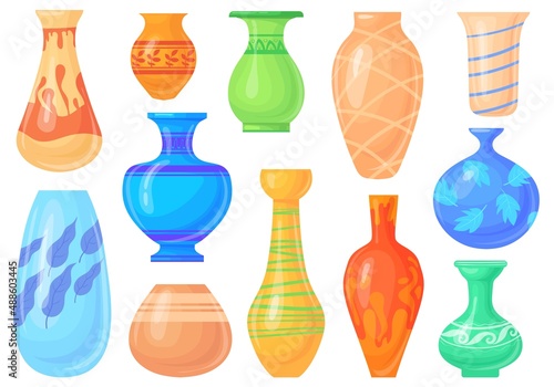 Colored pottery vases. Cartoon ceramic vase, porcelain vessel for flowers, chinese asian object, old clay tall floral pot, art decor glass colorful jug, neat vector illustration