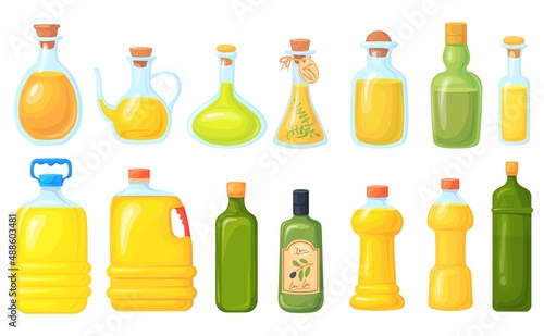 Soya oil bottles. Cooking variety vegetable oils glass or plastic bottle, fresh liquid for cook healthy gourmet food, coconut olive canola oiling