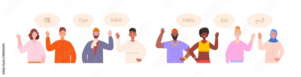 Fototapeta premium People sgreeting languages. Say hi hello greeting foreign student, different multilingual culture, translate international speech, bubble chat