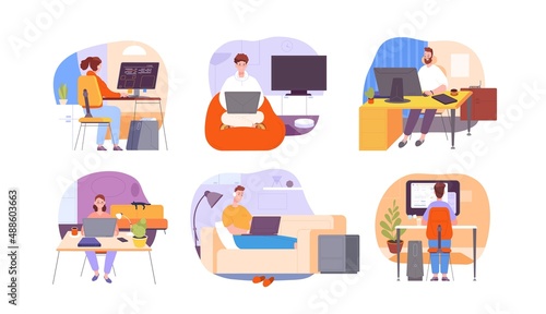 Freelance use computer home. Laptop in office desk, cartoon woman man remote worker, smart people online job house chair professional workplace splendid character vector