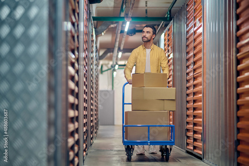 Tranquil order picker wheeling the platform cart along cargo containers