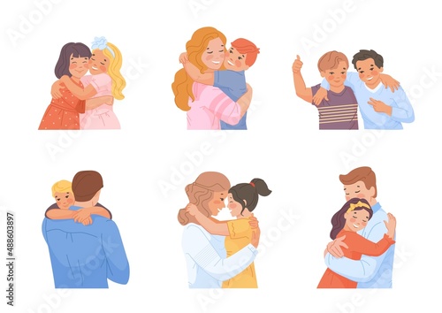 Children warm hugging. Parent hug kid, family embrace child, kids relationship, mother love daughter, father warmth cuddle son, happy mom and dad flat cartoon swanky vector