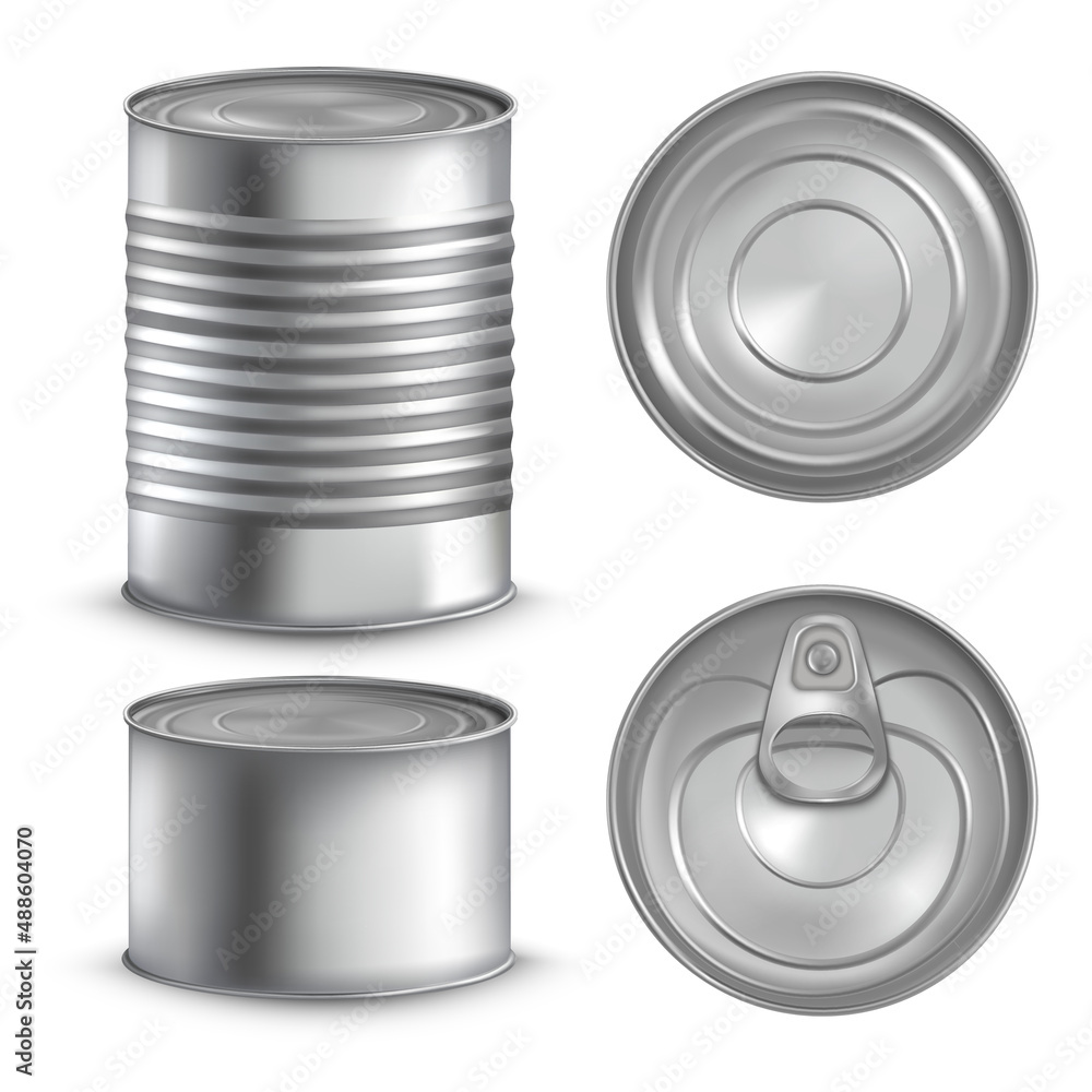 Realistic tin cans. 3d mockup metal can, steel canister package, aluminium canned cap, aluminum cylinder food pack, metallic silver tinned boxes, isolated tidy vector illustration Realistic tin cans. 3d mockup metal can, steel canister package, aluminium canned cap, aluminum cylinder food pack, metallic silver tinned boxes, isolated tidy vector illustration