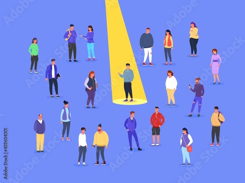 Employee in spotlight crowd. Recruiting success candidate, individual pick talented employees choose labor experience best job worker select businessman, garish vector illustration