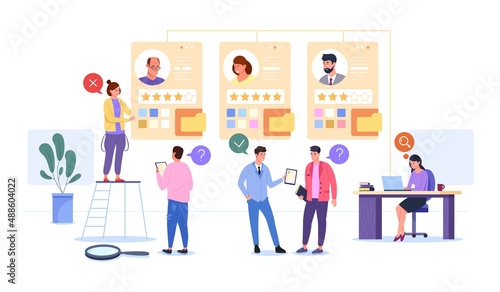 Choosing hr profile. Choose creative worker, best staff selection, hunting agency hiring process, human recruitment profiling, cv employment technology, garish vector illustration
