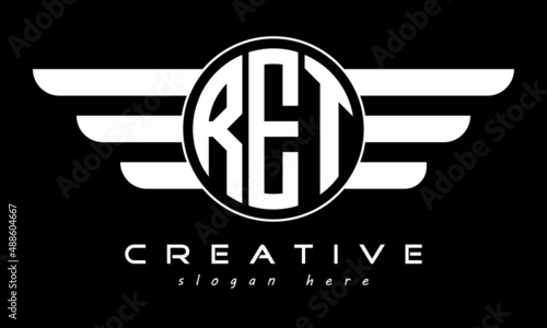 RET three letter monogram type circle letter logo with wings vector template.