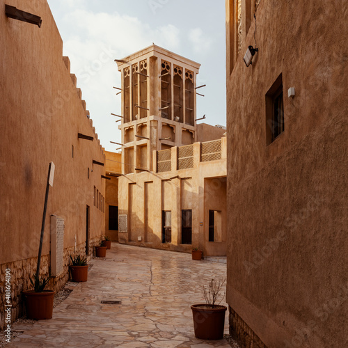 Al Seef Traditional Historical District Arabic Architecture. Dubai Deira Old Town. United Arab Emirates. Middle East.  photo