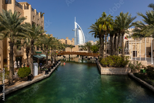 Burj Al Arab view from Madinat Jumeirah. Traditional Arab Style Architecture. United Arab Emirates. Middle East. 