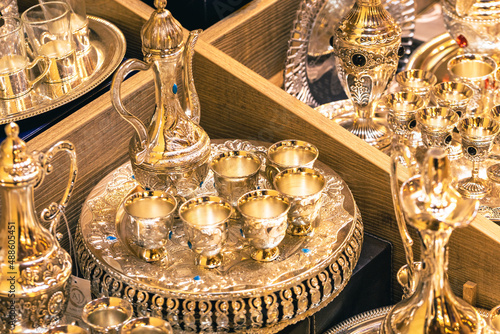 Photography Souvenir Gold Plated Traditional Arabic Tea Ernst Arab Style Bazaar at Dubai Old Souq, United Arab Emirates