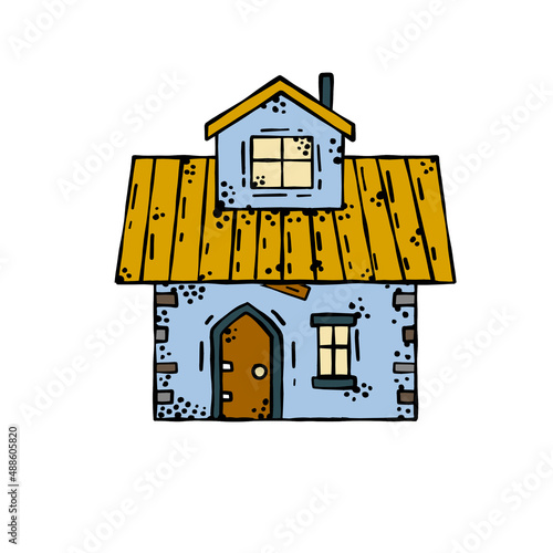 European Medieval house. Village building. Old house with chimney. Cartoon retro illustration.