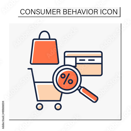 Analysis color icon. Researching customer tastes. Discount card. Shopping cart. Customer behavior concept. Isolated vector illustration