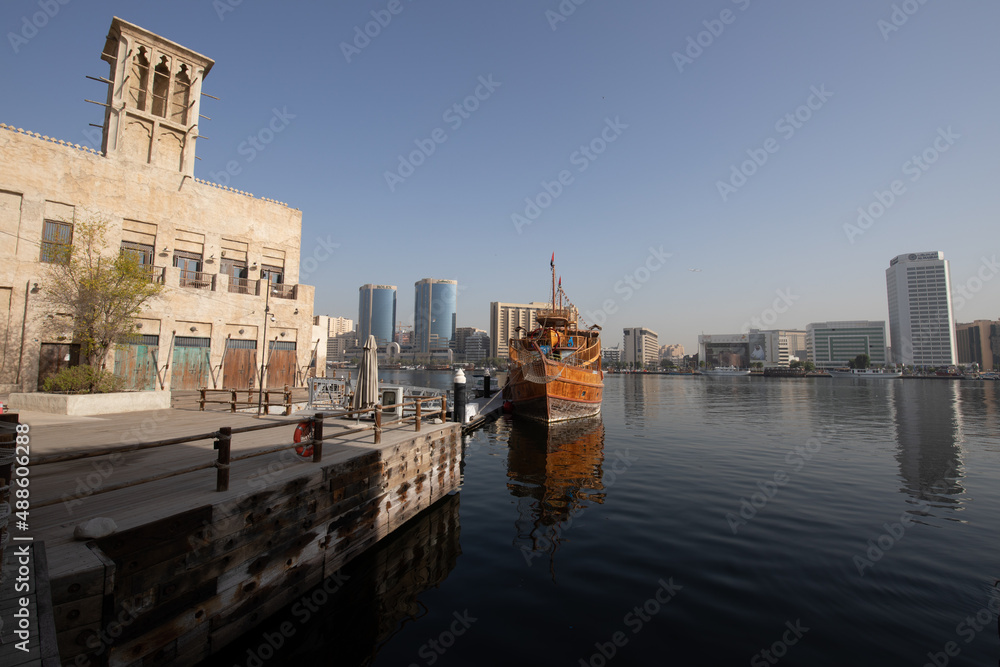 Traditional Arab Style Boats on the Bay Creek, Dubai Deira Old Town. United Arab Emirates. Middle East. 