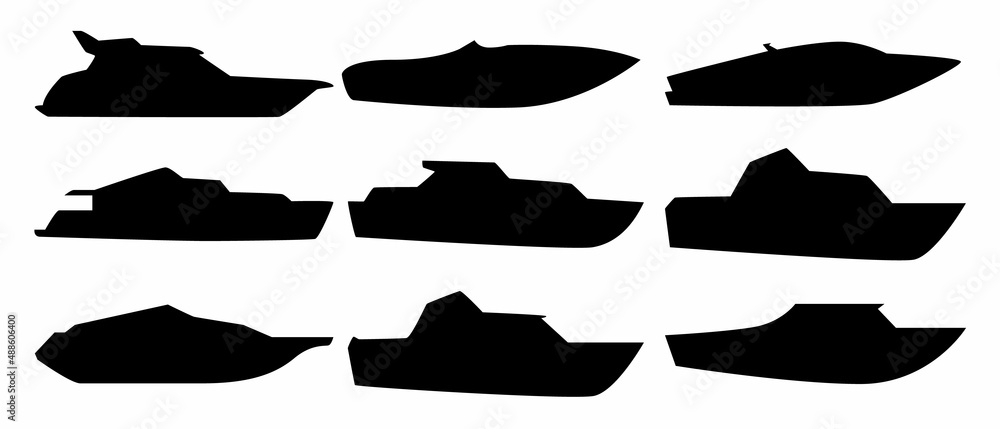 A set of nine silhouettes of motor boats.