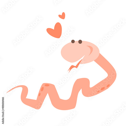 Vector illustration of a cartoon snake in love. Pink snake. Isolated