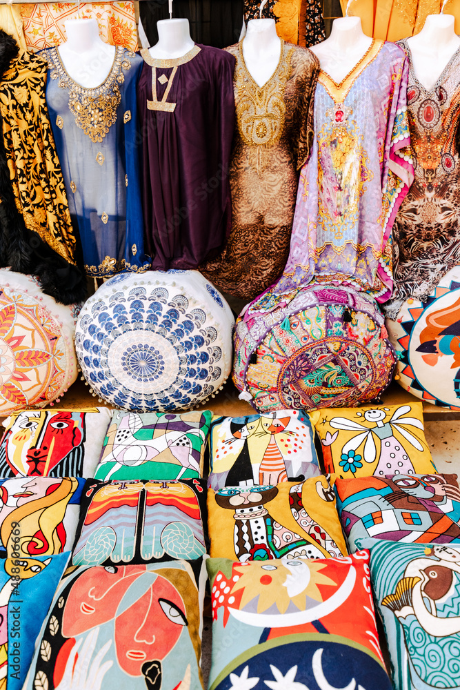 Souvenir shop at Dubai Grand Souk. The traditional Arab style bazaar at Dubai Old Souq, United Arab Emirates.