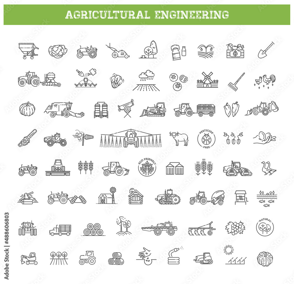 Agricultural and farming machines vector icons set