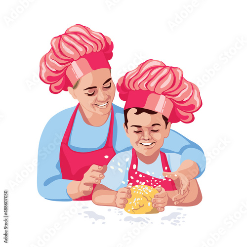 Mother teaching son how to cook and knead dough, advertisement for cooking blog teaching cooking and baking. Little cook in a cap.